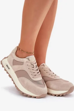 Discount Big Star Shoes Zamszowe Sneakersy Na Platformie Damskie Big Star RR274897 HI-POLY SYSTEM Beżowe Beżowy