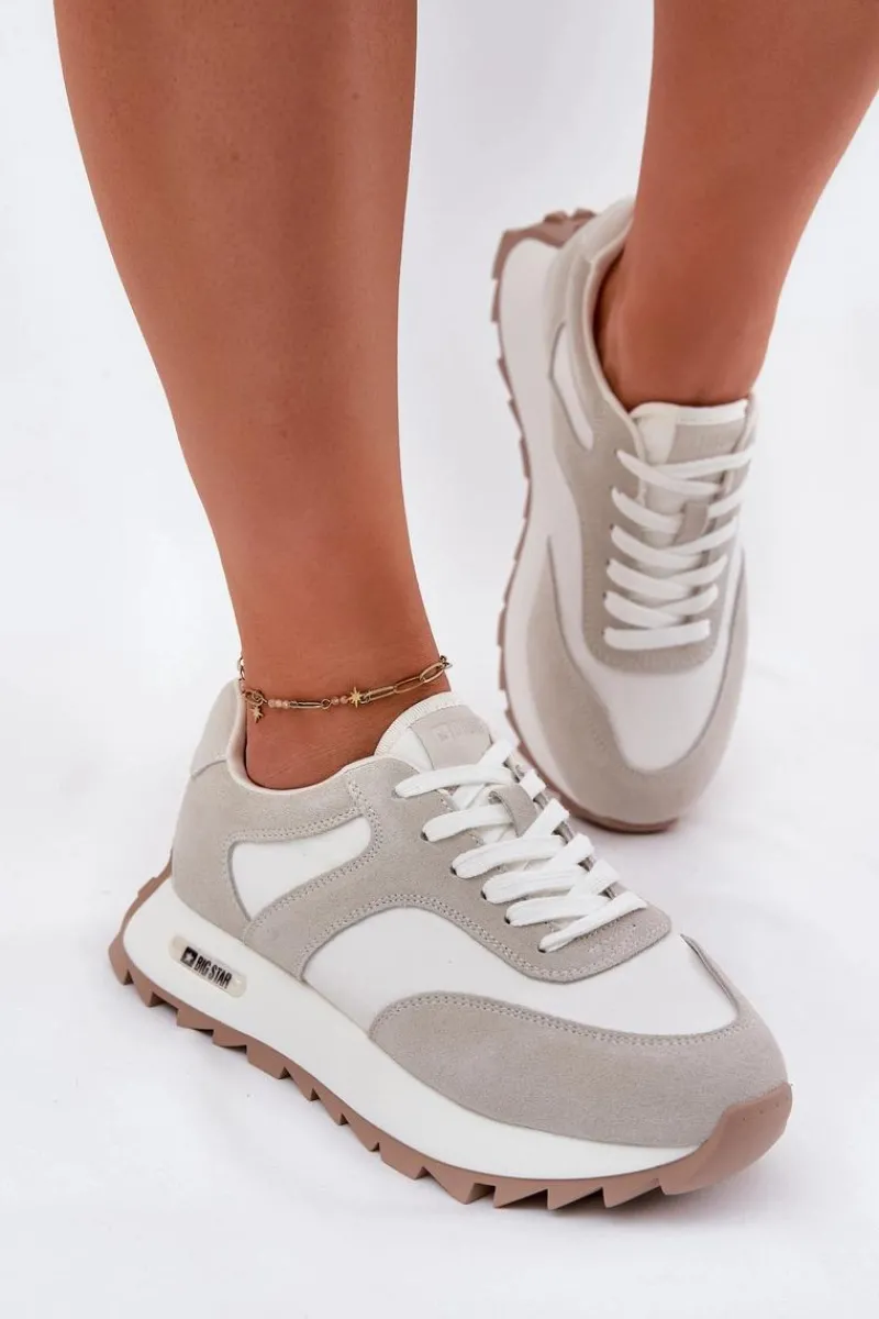 Online Zamszowe Sneakersy Na Platformie Damskie Big Star RR274896 HI-POLY SYSTEM Biało-Szare Damskie Buty Sportowe Big Star|Sneakersy Damskie