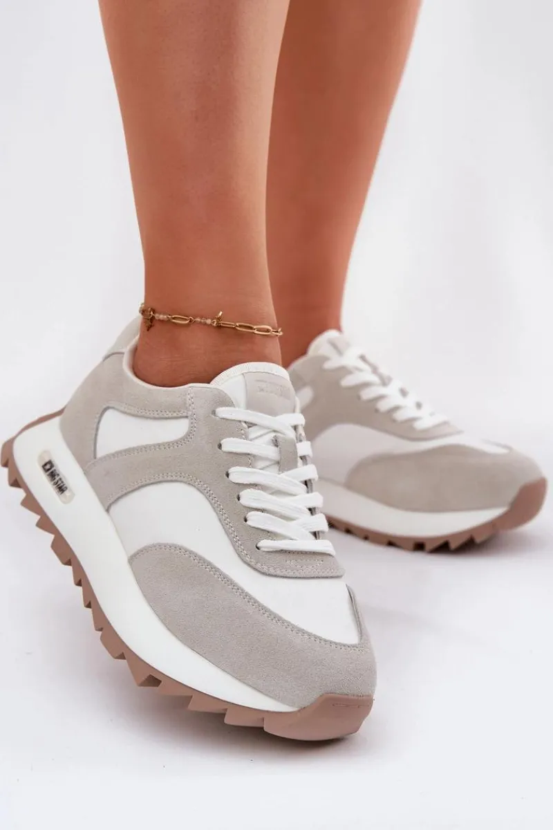 Online Zamszowe Sneakersy Na Platformie Damskie Big Star RR274896 HI-POLY SYSTEM Biało-Szare Damskie Buty Sportowe Big Star|Sneakersy Damskie