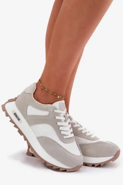 Online Zamszowe Sneakersy Na Platformie Damskie Big Star RR274896 HI-POLY SYSTEM Biało-Szare Damskie Buty Sportowe Big Star|Sneakersy Damskie