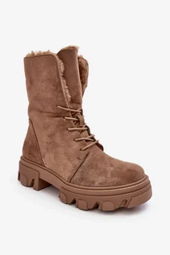 Online Zamszowe Sznurowane Botki Workery Z Futerkiem Ciemnobeżowe Frendo Damskie Botki Sznurowane|Czarne Botki