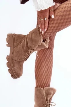 Online Zamszowe Sznurowane Botki Workery Z Futerkiem Ciemnobeżowe Frendo Damskie Botki Sznurowane|Czarne Botki