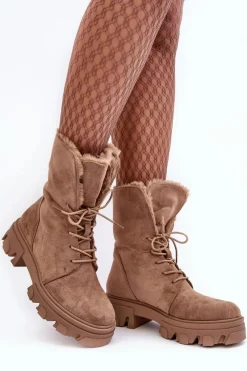 Online Zamszowe Sznurowane Botki Workery Z Futerkiem Ciemnobeżowe Frendo Damskie Botki Sznurowane|Czarne Botki