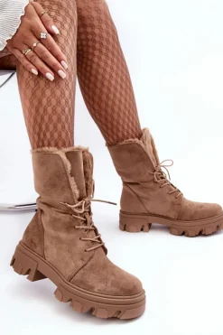 Online Zamszowe Sznurowane Botki Workery Z Futerkiem Ciemnobeżowe Frendo Damskie Botki Sznurowane|Czarne Botki