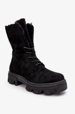 Outlet Boto Zamszowe Sznurowane Botki Workery Z Futerkiem Czarne Frendo Czarny