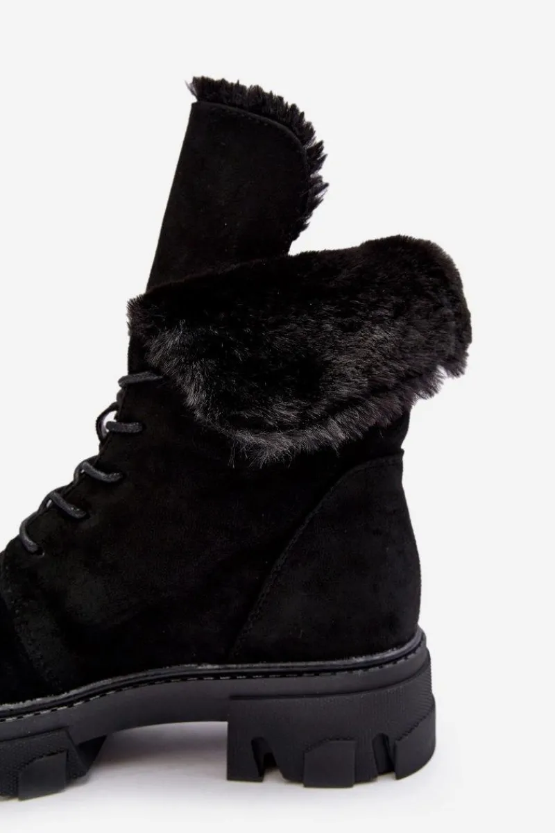 Outlet Boto Zamszowe Sznurowane Botki Workery Z Futerkiem Czarne Frendo Czarny