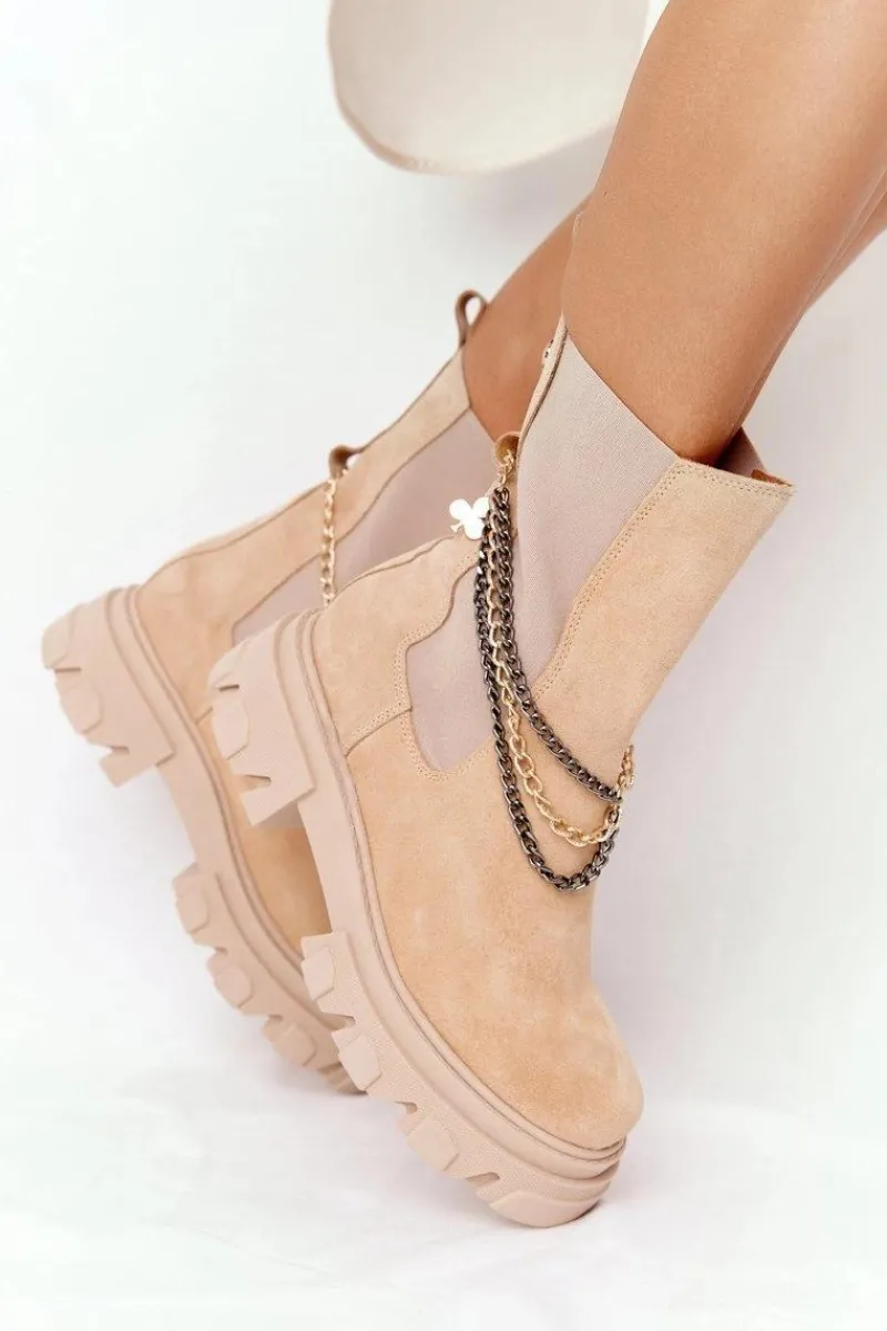 Zamszowe Sztyblety Workery Lewski Shoes 2998-0 Piaskowe Damskie Botki Wiosenne|Brązowe I Beżowe Botki