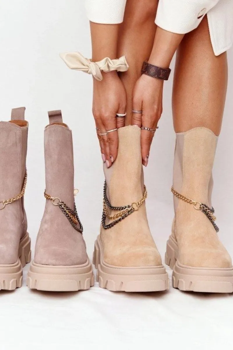 Zamszowe Sztyblety Workery Lewski Shoes 2998-0 Piaskowe Damskie Botki Wiosenne|Brązowe I Beżowe Botki