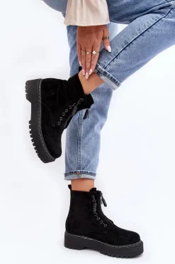 Hot Boto Zamszowe Trapery Botki Damskie Na Grubej Podeszwie Z Suwakiem Czarne Edivame