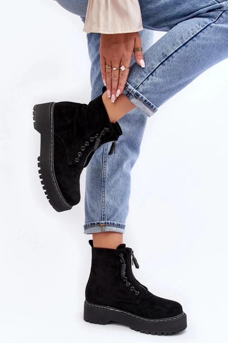 Hot Boto Zamszowe Trapery Botki Damskie Na Grubej Podeszwie Z Suwakiem Czarne Edivame