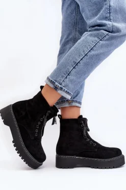 Hot Boto Zamszowe Trapery Botki Damskie Na Grubej Podeszwie Z Suwakiem Czarne Edivame