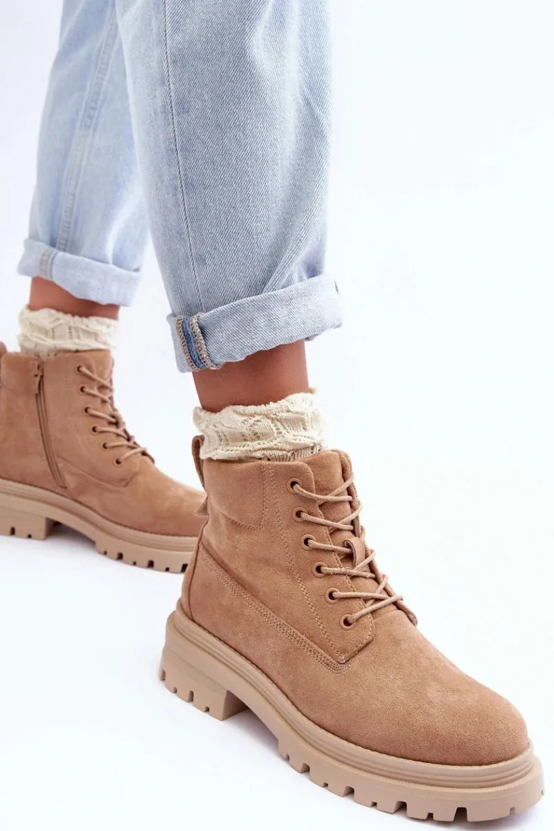 Hot Boto Zamszowe Trapery Botki Ocieplane Ciemnobeżowe Alden