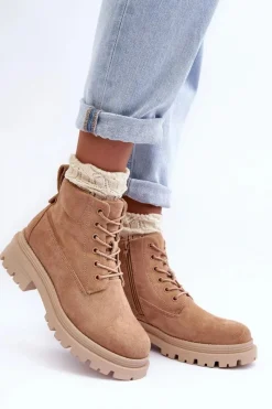 Hot Boto Zamszowe Trapery Botki Ocieplane Ciemnobeżowe Alden