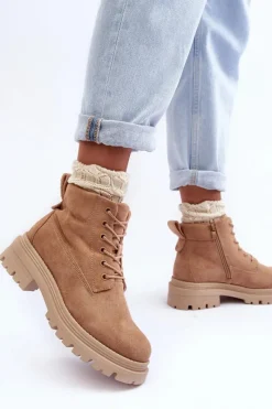 Hot Boto Zamszowe Trapery Botki Ocieplane Ciemnobeżowe Alden