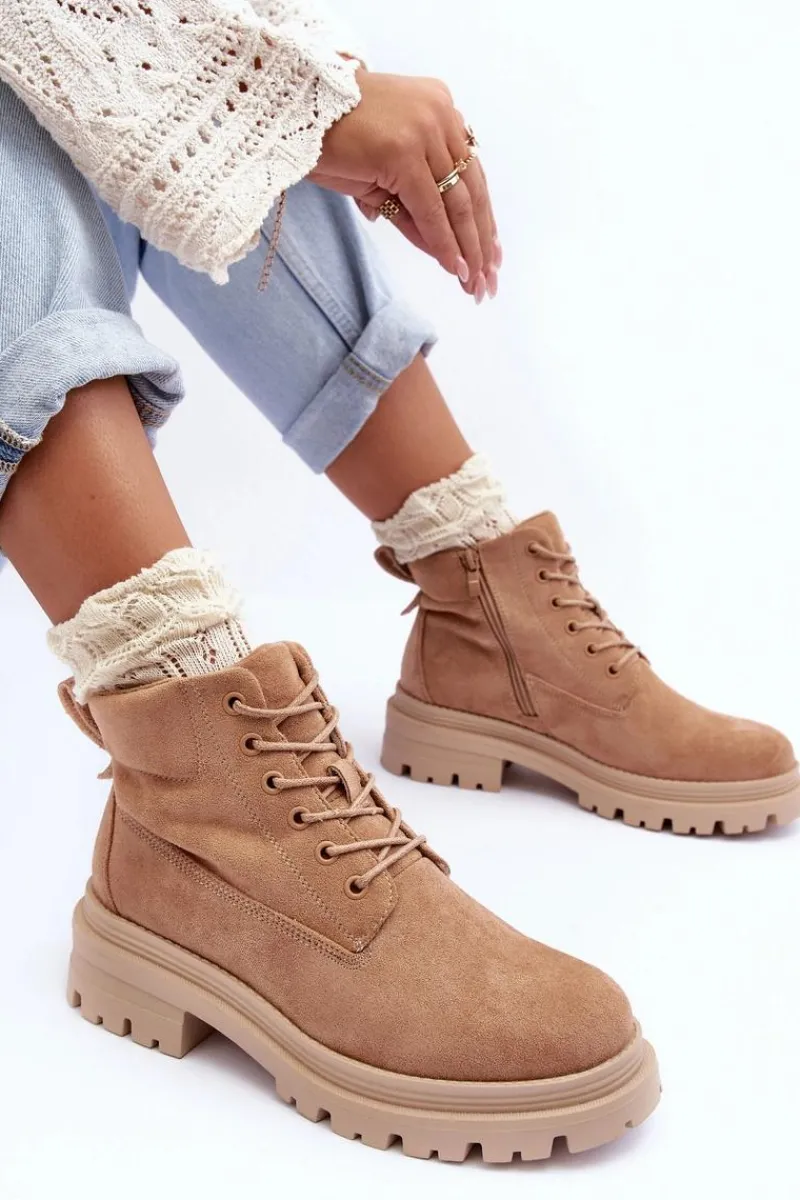 Hot Boto Zamszowe Trapery Botki Ocieplane Ciemnobeżowe Alden