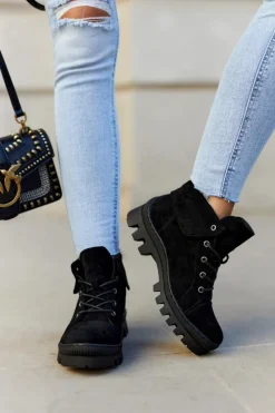 Botki Wiosenne|Damskie Trapery>Damskie buty S.Barski Zamszowe Wiosenne Botki Trapery Wiązane Czarne Dalles