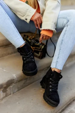 Botki Wiosenne|Damskie Trapery>Damskie buty S.Barski Zamszowe Wiosenne Botki Trapery Wiązane Czarne Dalles