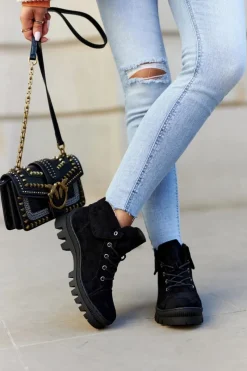 Botki Wiosenne|Damskie Trapery></noscript>Damskie buty S.Barski Zamszowe Wiosenne Botki Trapery Wiązane Czarne Dalles