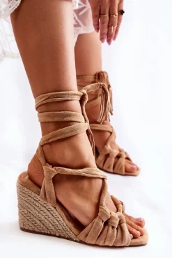 Clearance Boto Zamszowe Wiązane Sandały Na Koturnie Beżowe Flavia Beżowy