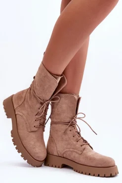 Outlet Boto Zamszowe Workery Botki Na Płaskim Obcasie Beżowe Jence