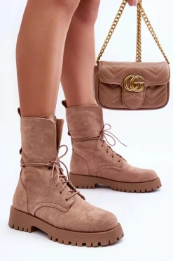 Outlet Boto Zamszowe Workery Botki Na Płaskim Obcasie Beżowe Jence