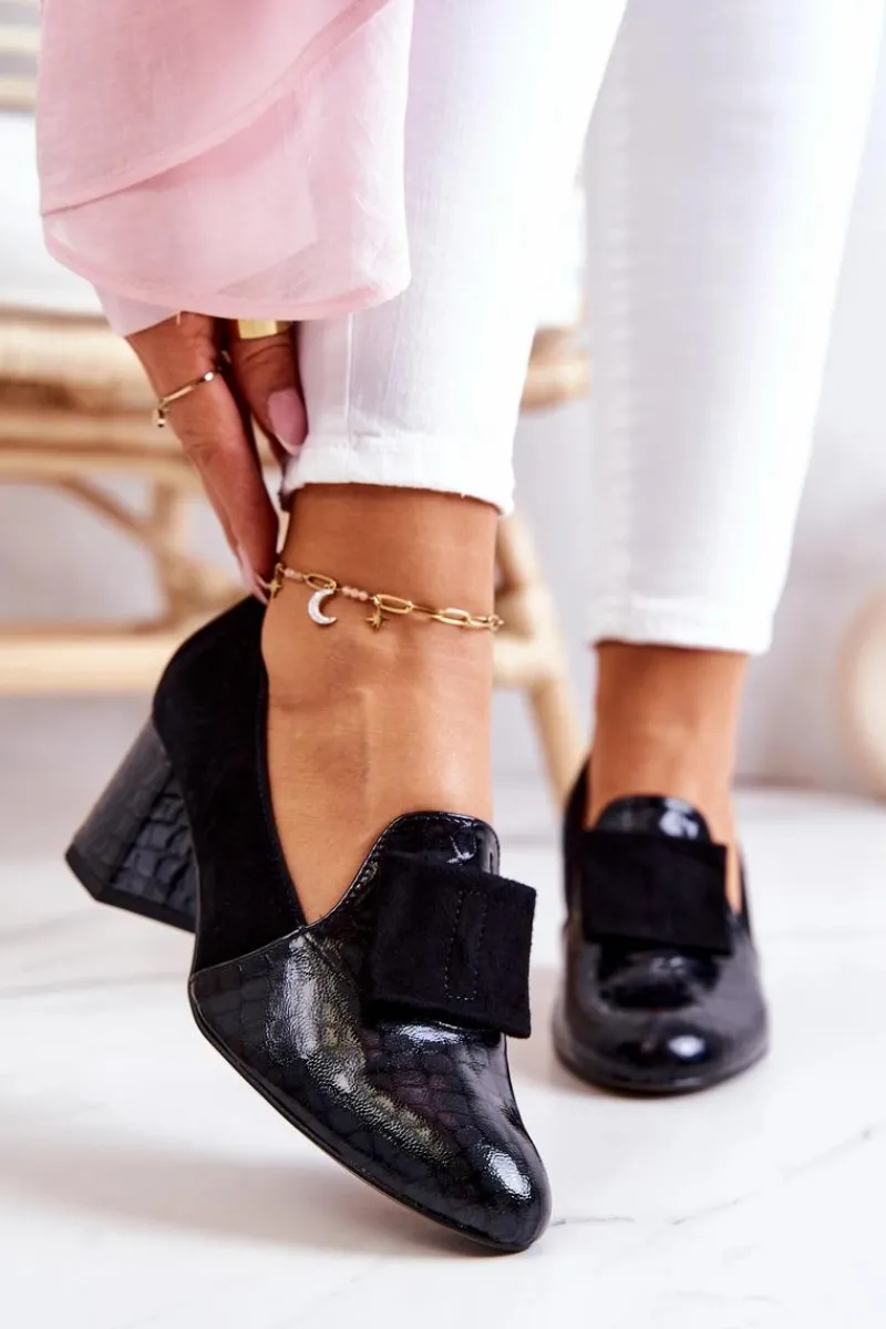 Clearance Zamszowe Wężowe Czółenka Czarne Diana Damskie Czółenka Zamszowe|Czółenka Na Słupku