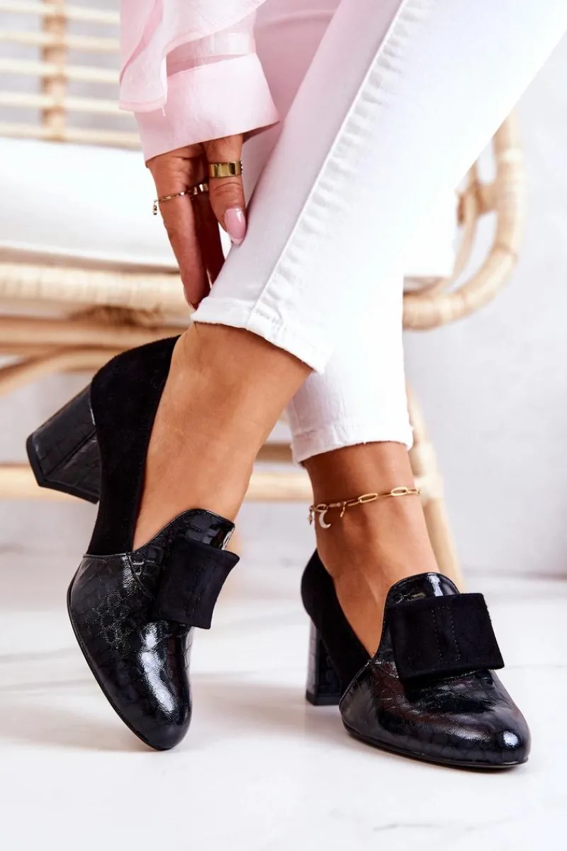 Clearance Zamszowe Wężowe Czółenka Czarne Diana Damskie Czółenka Zamszowe|Czółenka Na Słupku