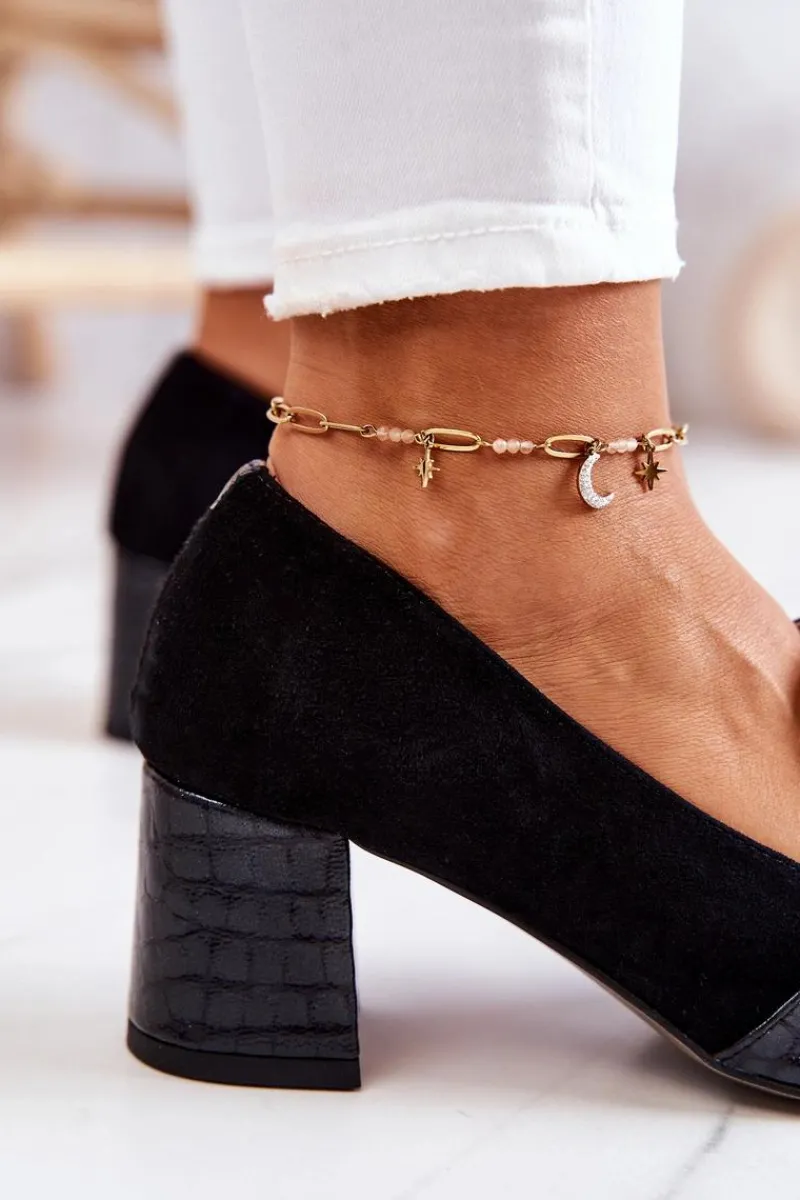 Clearance Zamszowe Wężowe Czółenka Czarne Diana Damskie Czółenka Zamszowe|Czółenka Na Słupku