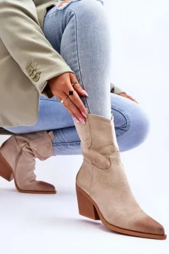 New Zamszowe Wsuwane Botki Kowbojki Beżowe Sevilla Damskie Botki Wiosenne|Botki Na Słupku