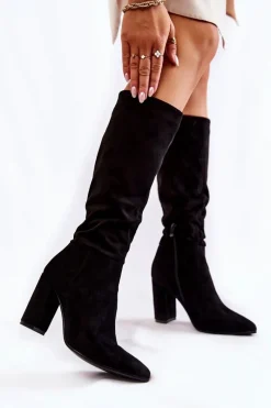 Hot Zamszowe Wsuwane Kozaki Na Obcasie Czarne Miriam Damskie Kozaki Wiosenne|Kozaki Przed Kolano