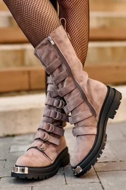 Clearance Zamszowe Wysokie Botki Workery Z Paskami Ciemnobeżowe Elnatea Damskie Botki Zimowe Damskie|Brązowe I Beżowe Botki