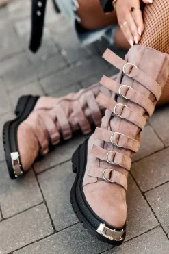 Clearance Zamszowe Wysokie Botki Workery Z Paskami Ciemnobeżowe Elnatea Damskie Botki Zimowe Damskie|Brązowe I Beżowe Botki