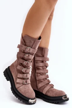 Clearance Zamszowe Wysokie Botki Workery Z Paskami Ciemnobeżowe Elnatea Damskie Botki Zimowe Damskie|Brązowe I Beżowe Botki