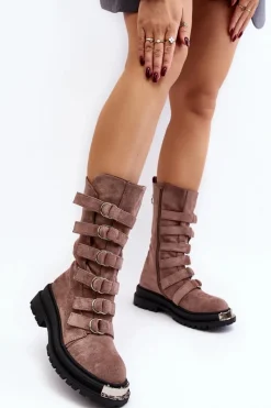 Clearance Zamszowe Wysokie Botki Workery Z Paskami Ciemnobeżowe Elnatea Damskie Botki Zimowe Damskie|Brązowe I Beżowe Botki