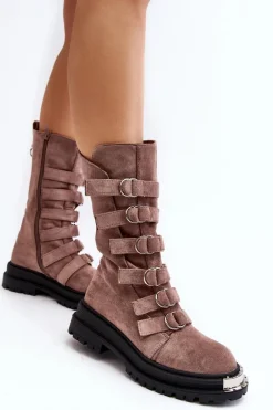 Clearance Zamszowe Wysokie Botki Workery Z Paskami Ciemnobeżowe Elnatea Damskie Botki Zimowe Damskie|Brązowe I Beżowe Botki