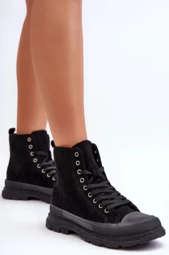 Clearance Zamszowe Wysokie Trampki Damskie Czarne Eleamia Damskie Trampki Damskie Wysokie