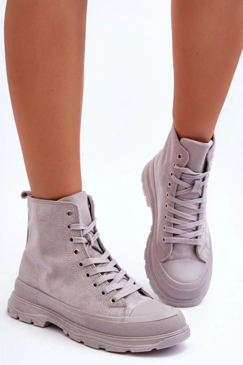 Discount Zamszowe Wysokie Trampki Damskie Szare Eleamia Damskie Trampki Damskie Wysokie