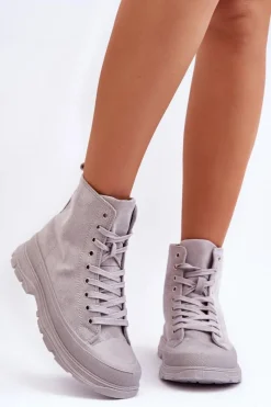 Discount Zamszowe Wysokie Trampki Damskie Szare Eleamia Damskie Trampki Damskie Wysokie