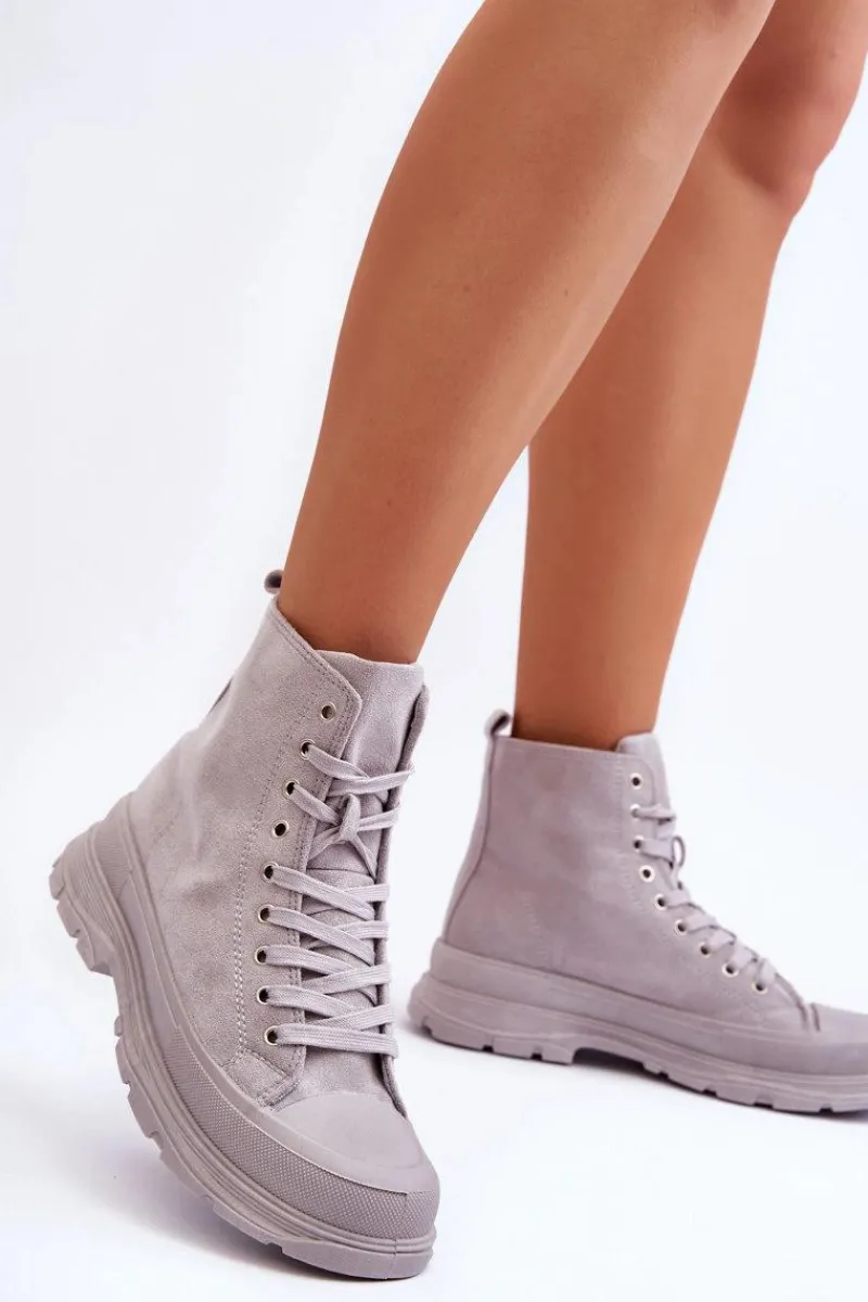 Discount Zamszowe Wysokie Trampki Damskie Szare Eleamia Damskie Trampki Damskie Wysokie