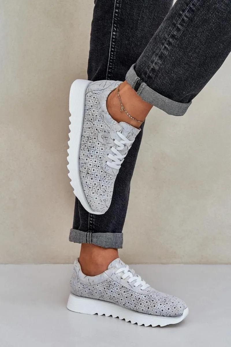 Damskie buty S.Barski Zamszowe Wzorzyste Buty Sportowe Na Platformie Z Brokatem D&A LR51-635 Srebrne Srebrny