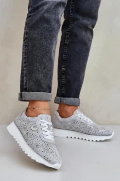 Damskie buty S.Barski Zamszowe Wzorzyste Buty Sportowe Na Platformie Z Brokatem D&A LR51-635 Srebrne Srebrny