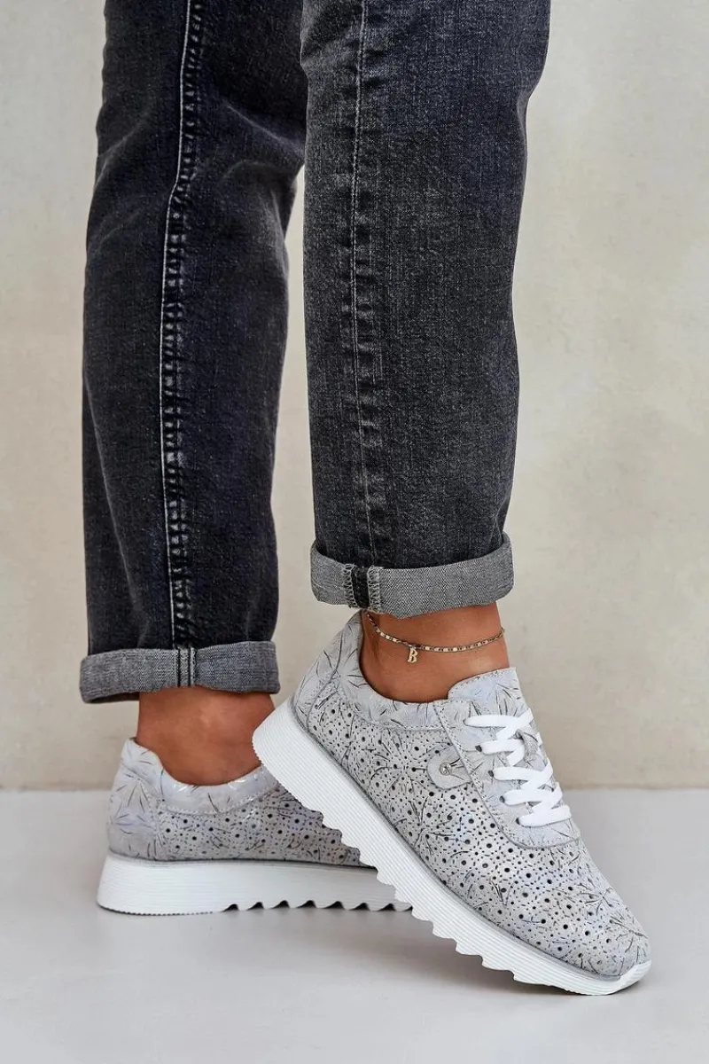 Damskie buty S.Barski Zamszowe Wzorzyste Buty Sportowe Na Platformie Z Brokatem D&A LR51-635 Srebrne Srebrny