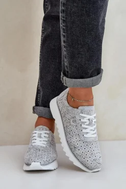 Damskie buty S.Barski Zamszowe Wzorzyste Buty Sportowe Na Platformie Z Brokatem D&A LR51-635 Srebrne Srebrny