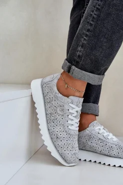 Damskie buty S.Barski Zamszowe Wzorzyste Buty Sportowe Na Platformie Z Brokatem D&A LR51-635 Srebrne Srebrny