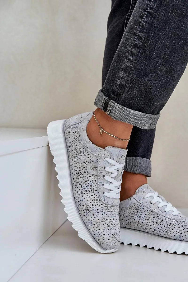 Damskie buty S.Barski Zamszowe Wzorzyste Buty Sportowe Na Platformie Z Brokatem D&A LR51-635 Srebrne Srebrny