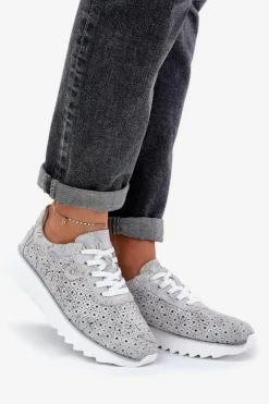 Damskie buty S.Barski Zamszowe Wzorzyste Buty Sportowe Na Platformie Z Brokatem D&A LR51-635 Srebrne Srebrny