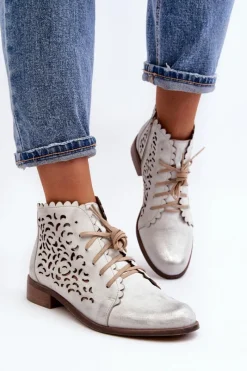 New 2871 Ażurowe Botki Damskie Sznurowane Srebrne Damskie Botki Wiosenne|Botki Skórzane