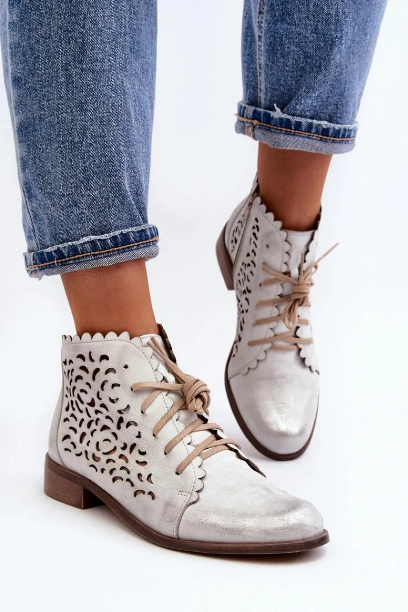 New 2871 Ażurowe Botki Damskie Sznurowane Srebrne Damskie Botki Wiosenne|Botki Skórzane