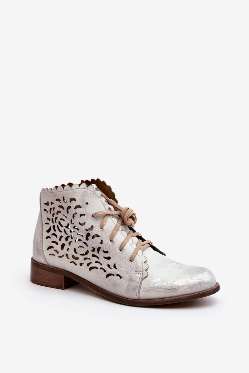 New 2871 Ażurowe Botki Damskie Sznurowane Srebrne Damskie Botki Wiosenne|Botki Skórzane