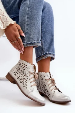 New 2871 Ażurowe Botki Damskie Sznurowane Srebrne Damskie Botki Wiosenne|Botki Skórzane